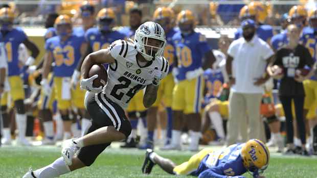 Sep 18, 2021; Pittsburgh, Pennsylvania, USA; Western Michigan Broncos wide receiver Skyy Moore (24) runs after a pass reception on is way to scoring a touchdown against the Pittsburgh Panthers during the second quarter at Heinz Field. Mandatory Credit: Charles LeClaire-USA TODAY Sports